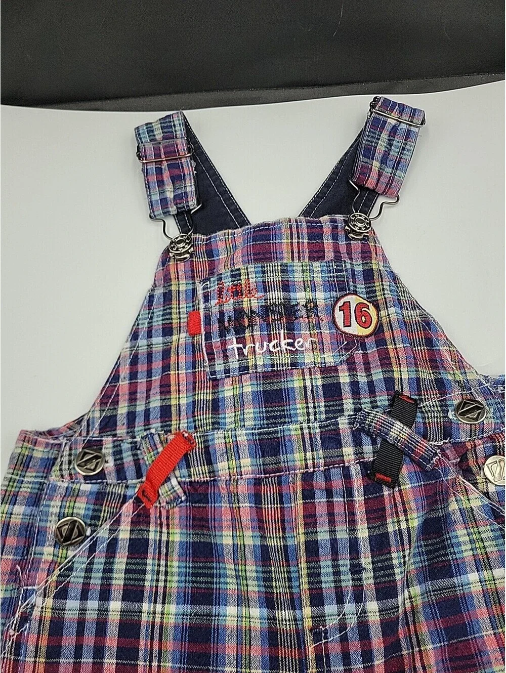 OshKosh B'Gosh Boys Size 24 Months Shortalls Blue, Red, White Plaid VTG
